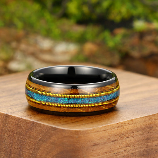 Double Barrel Wood 3A Blue Opal Double Guitar String Men's Tungsten Ring Unisex Wedding Band