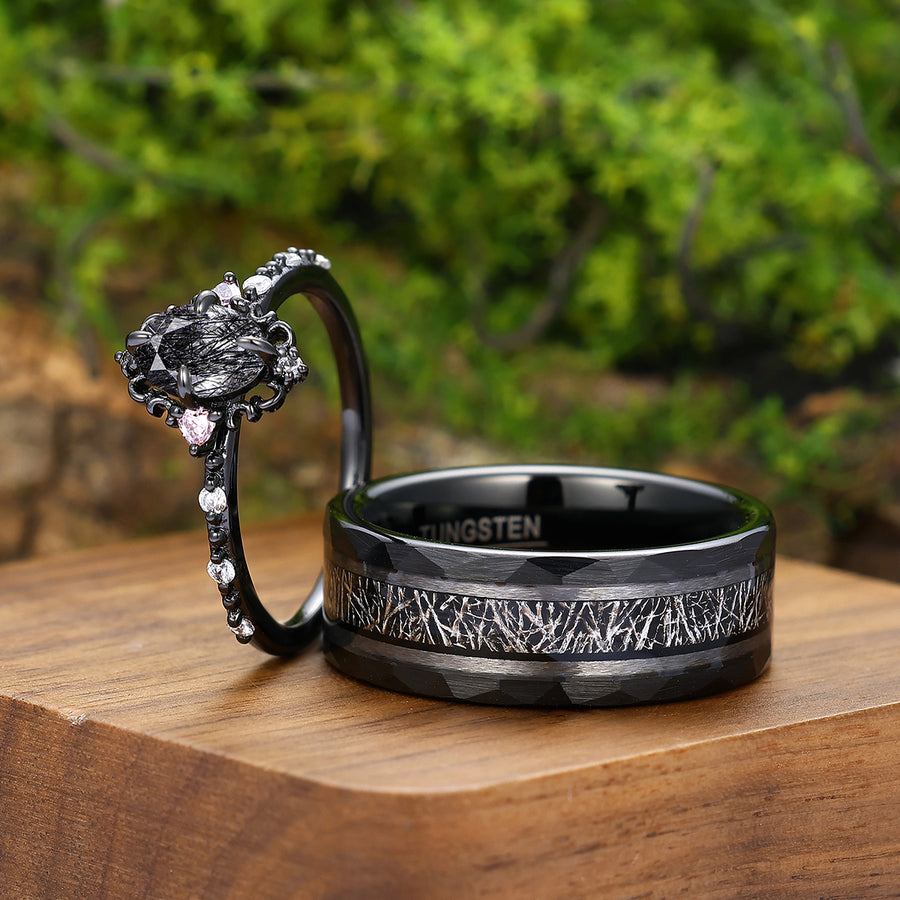 Fascinating Filigreed Natural Black Rutilated Quartz Rings For Couples Artsy Anniversary Wedding Band.