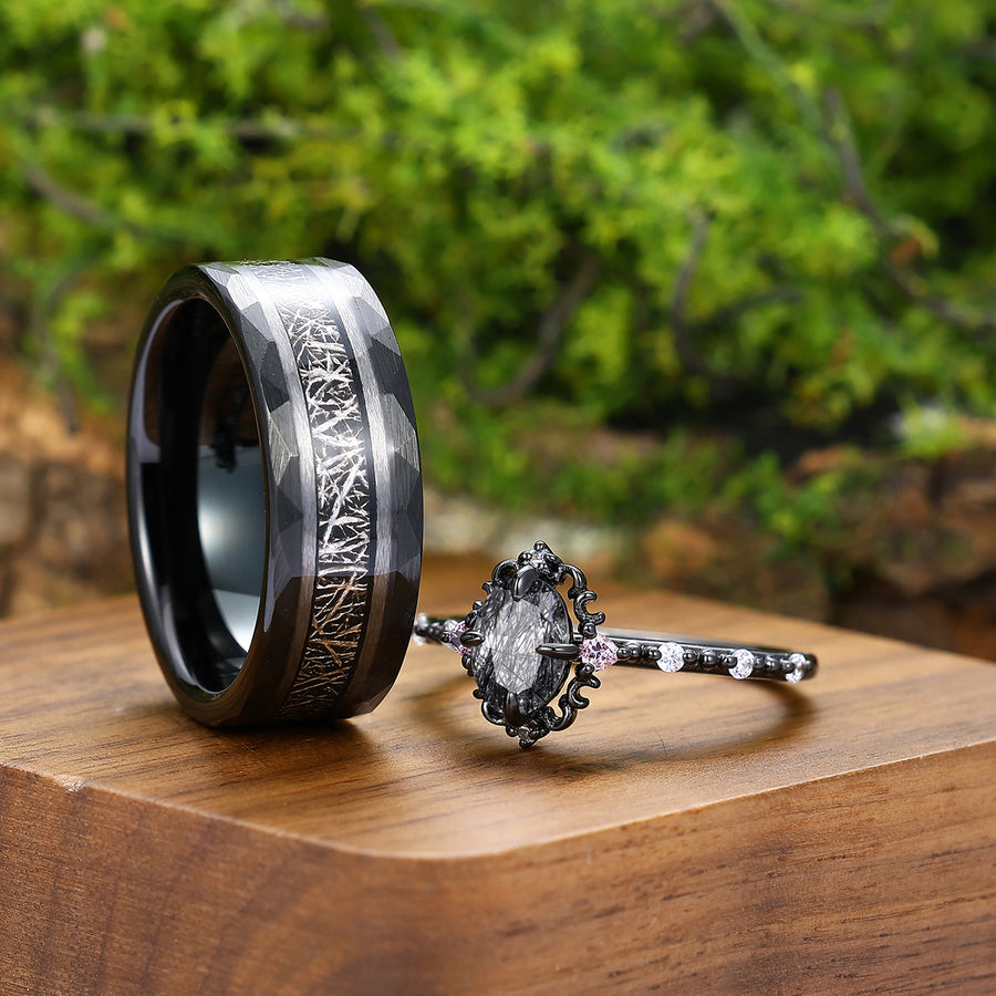 Fascinating Filigreed Natural Black Rutilated Quartz Rings For Couples Artsy Anniversary Wedding Band.