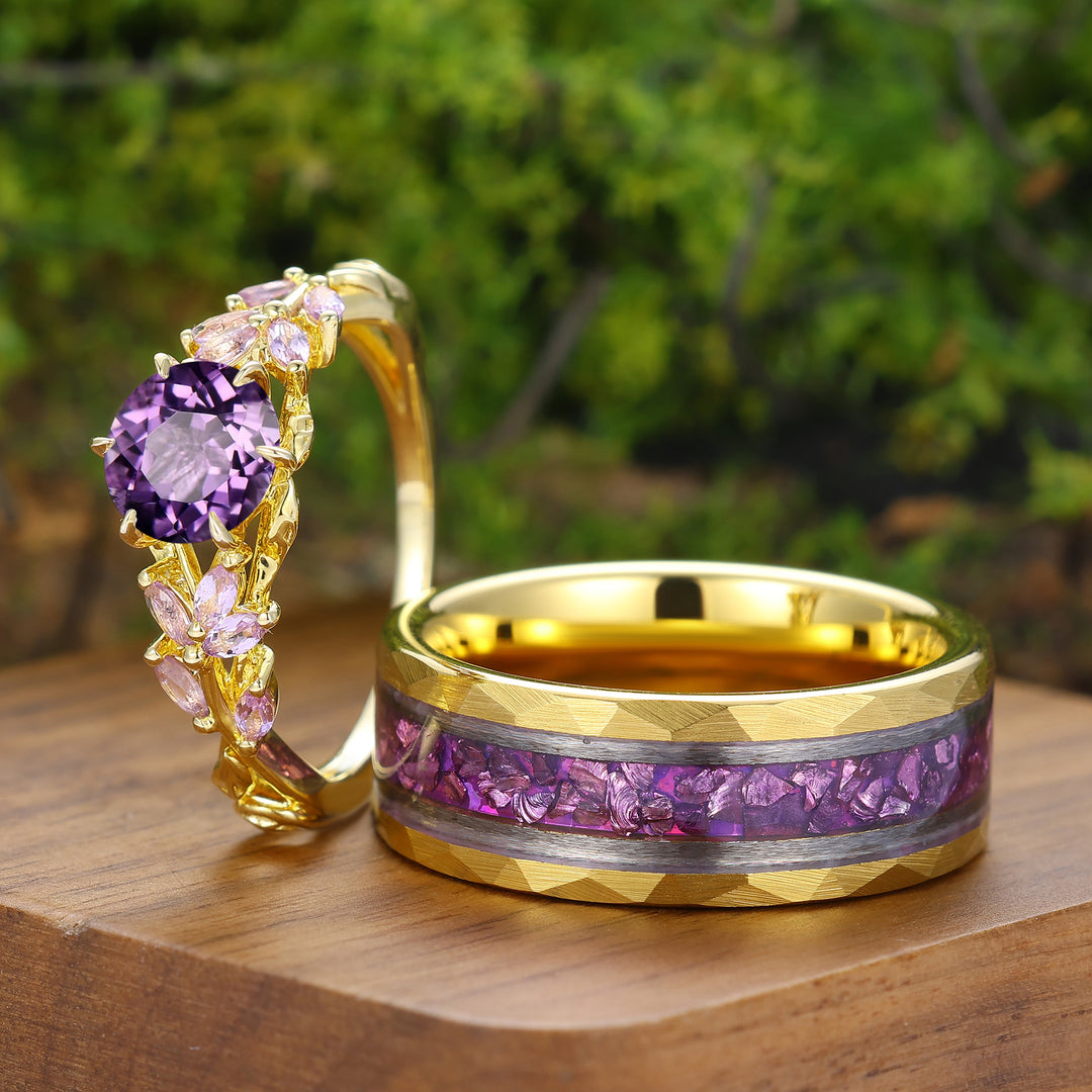 Unique Purple Amethyst Twigs Design Couple Ring Silver And Tungsten Matching Rings
