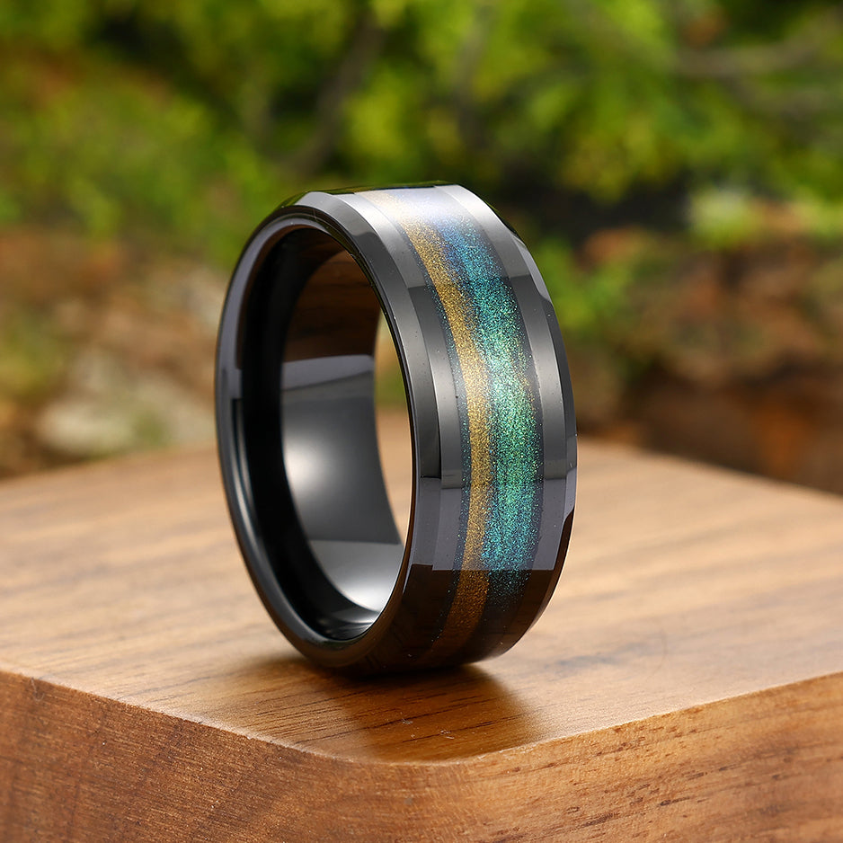 Nebula Brown Green Flowing Sand Inlay 8mm Tungsten  Men’s Wedding Band Unisex Rings