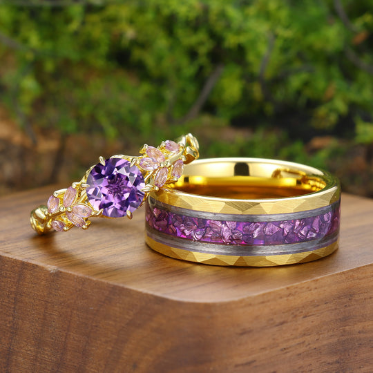 Unique Purple Amethyst Twigs Design Couple Ring Silver And Tungsten Matching Rings