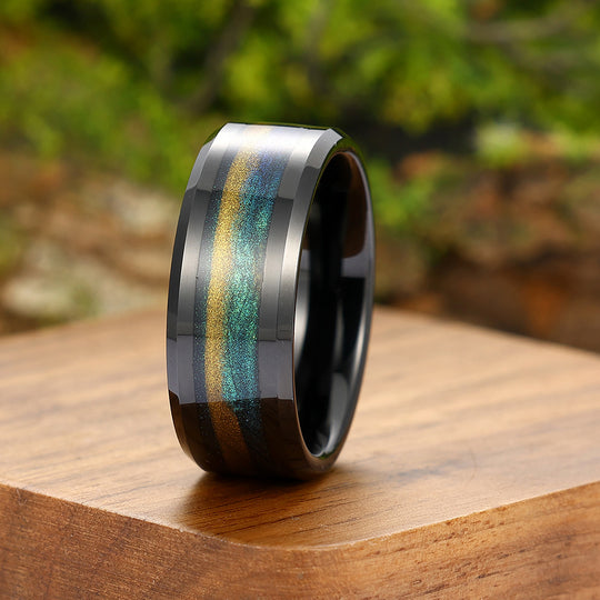 Nebula Brown Green Flowing Sand Inlay 8mm Tungsten  Men’s Wedding Band Unisex Rings