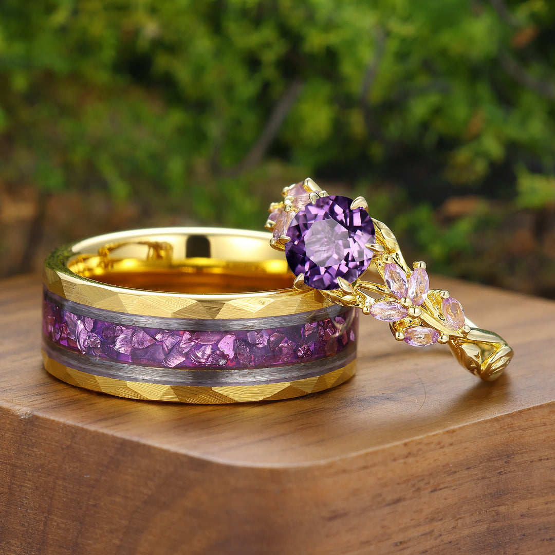 Unique Purple Amethyst Twigs Design Couple Ring Silver And Tungsten Matching Rings