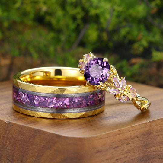 Unique Purple Amethyst Twigs Design Couple Ring Silver And Tungsten Matching Rings