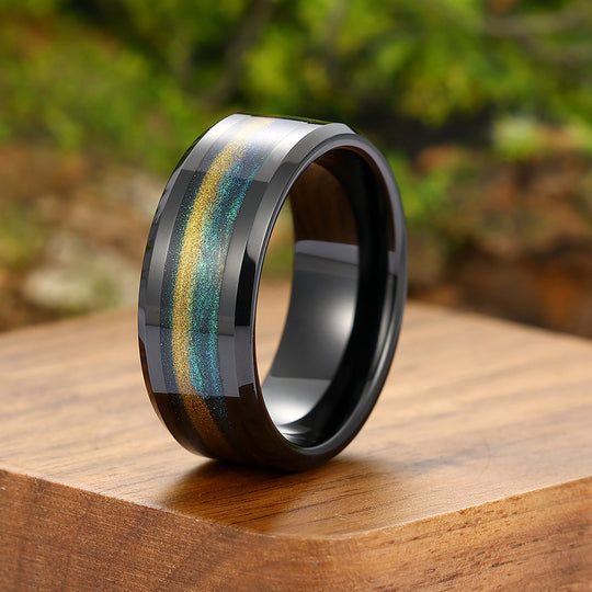 Nebula Brown Green Flowing Sand Inlay 8mm Tungsten  Men’s Wedding Band Unisex Rings