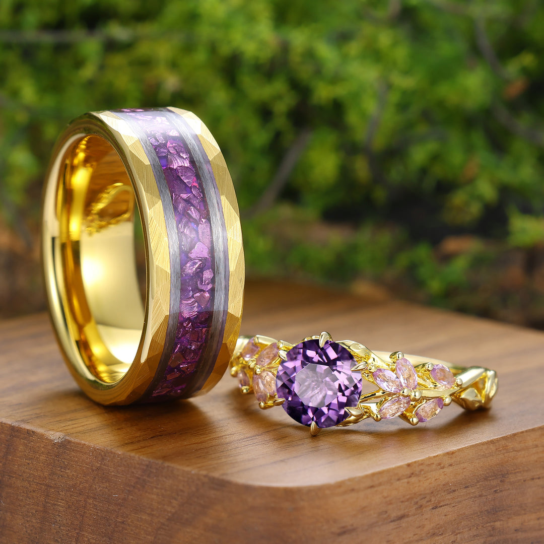 Unique Purple Amethyst Twigs Design Couple Ring Silver And Tungsten Matching Rings