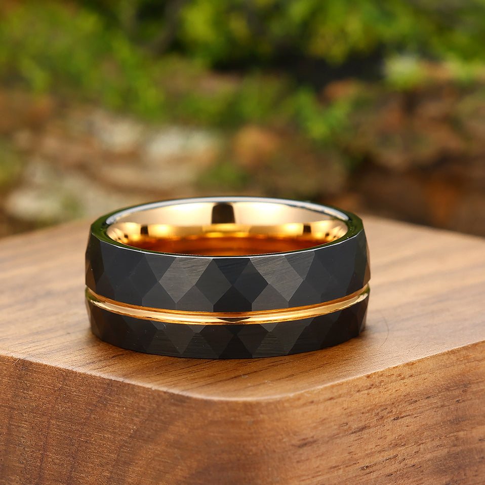 8mm Rose Gold Grooved Black Rhombic Tungsten Men’ s Ring For Birthday Gift