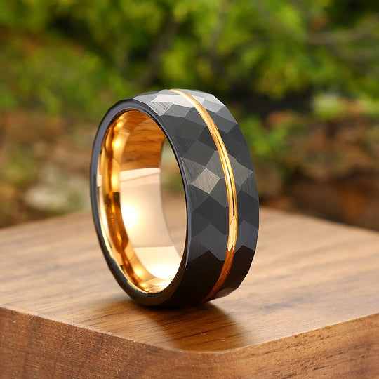 8mm Rose Gold Grooved Black Rhombic Tungsten Men’ s Ring For Birthday Gift