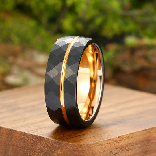 8mm Rose Gold Grooved Black Rhombic Tungsten Men’ s Ring For Birthday Gift