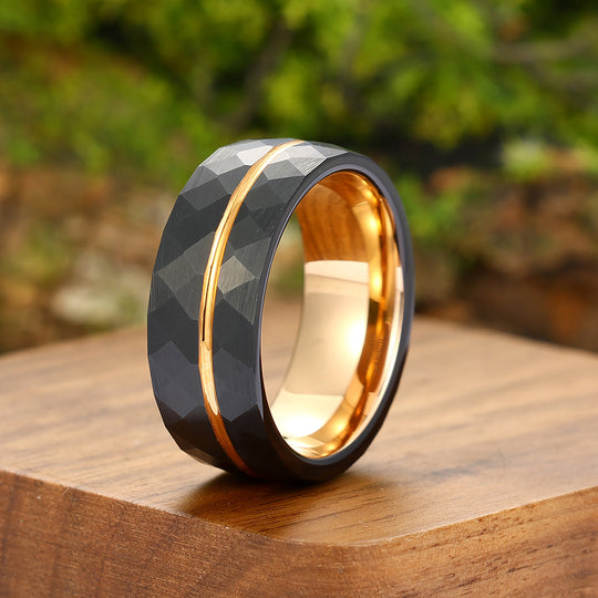 8mm Rose Gold Grooved Black Rhombic Tungsten Men’ s Ring For Birthday Gift