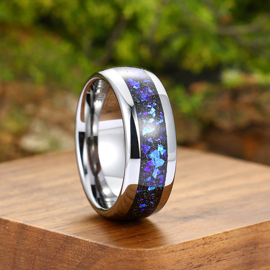 Orion Nebula Blue Sapphire Inlaid Men's Tungsten Carbide Wedding Band 8mm Polished Unsex Promise Ring