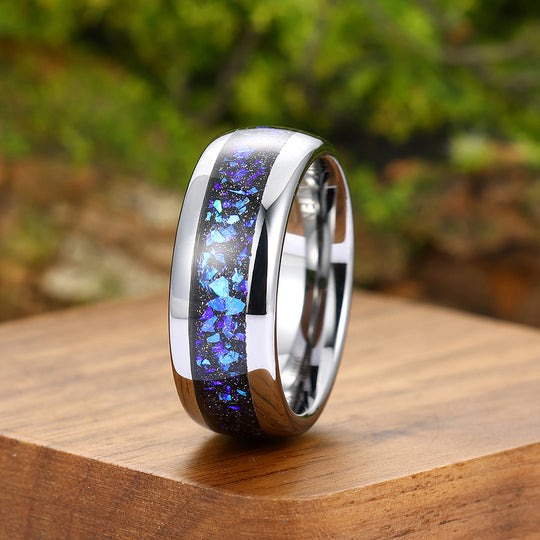 Orion Nebula Blue Sapphire Inlaid Men's Tungsten Carbide Wedding Band 8mm Polished Unsex Promise Ring