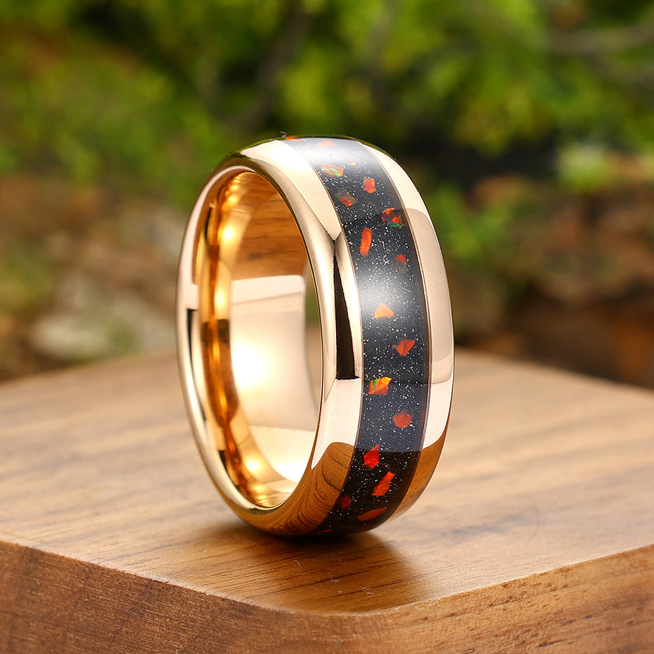 Fiery Red Opal And Red Blue Sandstone Wedding Ring 8mm Rose Gold Tungsten Polished Dome Ring Men’ s Unisex Ring