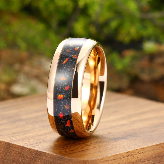 Fiery Red Opal And Red Blue Sandstone Wedding Ring 8mm Rose Gold Tungsten Polished Dome Ring Men’ s Unisex Ring