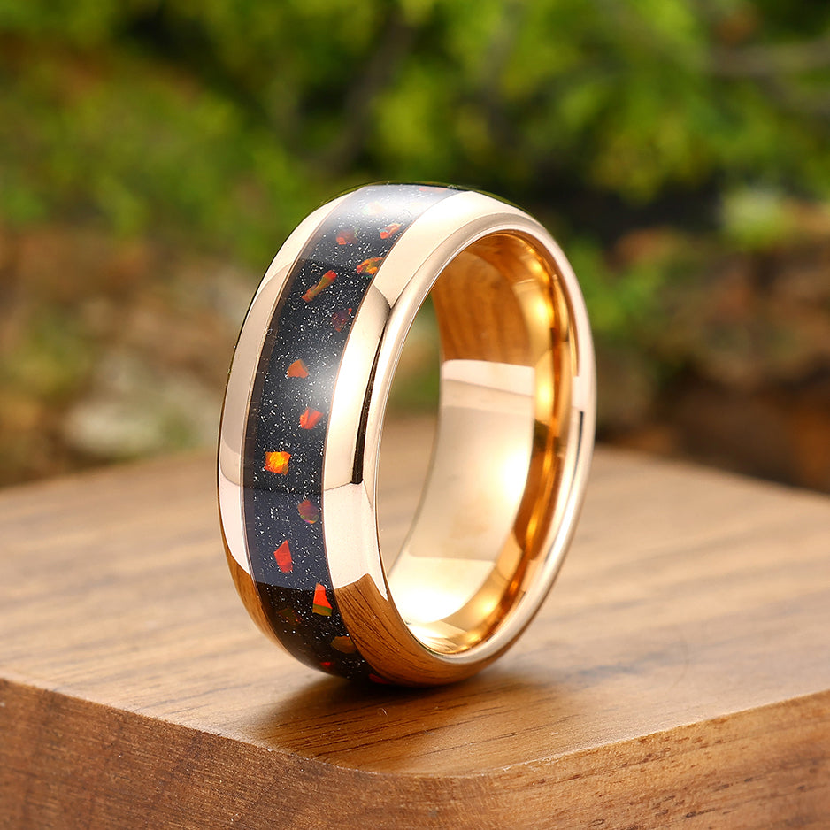 Fiery Red Opal And Red Blue Sandstone Wedding Ring 8mm Rose Gold Tungsten Polished Dome Ring Men’ s Unisex Ring