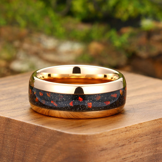 Fiery Red Opal And Red Blue Sandstone Wedding Ring 8mm Rose Gold Tungsten Polished Dome Ring Men’ s Unisex Ring