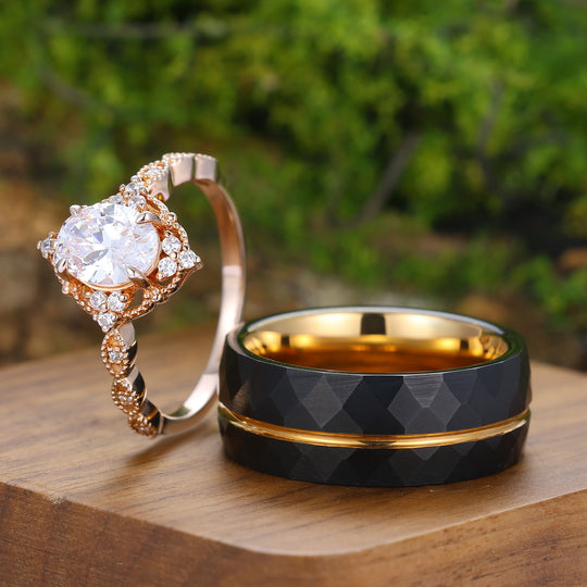 Anillos de pareja a juego para él y para ella con moissanita ovalada antigua con borde milgrain, chapados en oro rosa