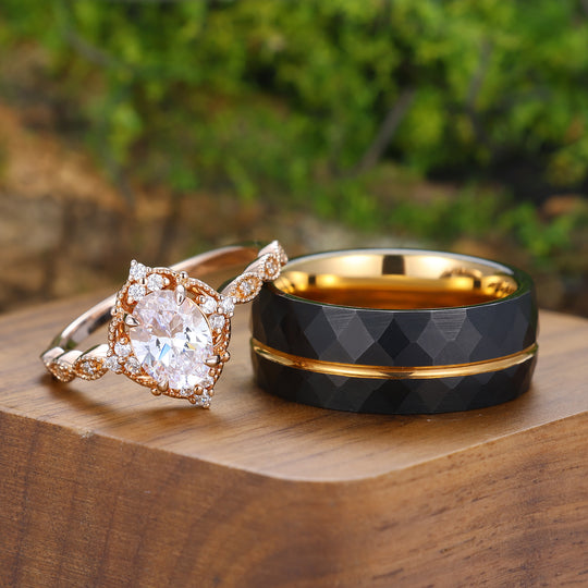 Anillos de pareja a juego para él y para ella con moissanita ovalada antigua con borde milgrain, chapados en oro rosa