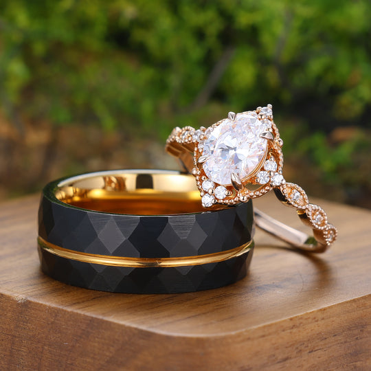 Anillos de pareja a juego para él y para ella con moissanita ovalada antigua con borde milgrain, chapados en oro rosa