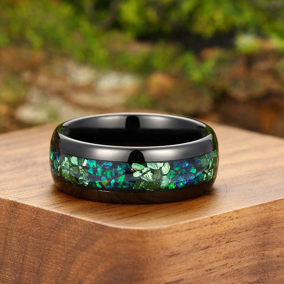 Green Emerald Peacock Green Opal Inlay Mens Tungsten Ring 8mm Black Unisex Ring Wedding Band