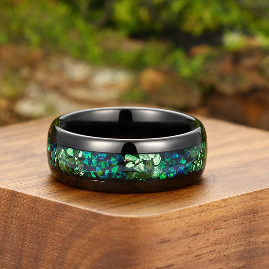 Green Emerald Peacock Green Opal Inlay Mens Tungsten Ring 8mm Black Unisex Ring Wedding Band