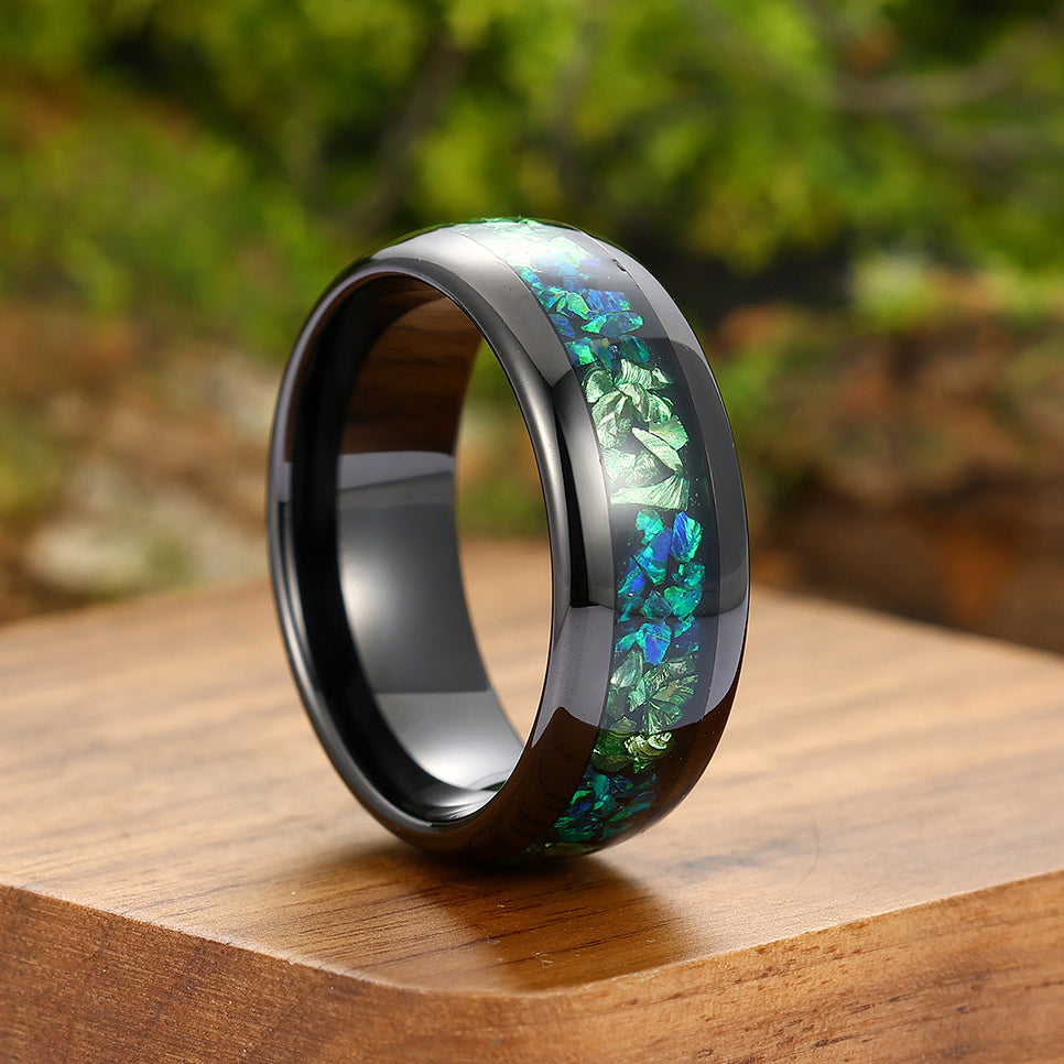 Green Emerald Peacock Green Opal Inlay Mens Tungsten Ring 8mm Black Unisex Ring Wedding Band