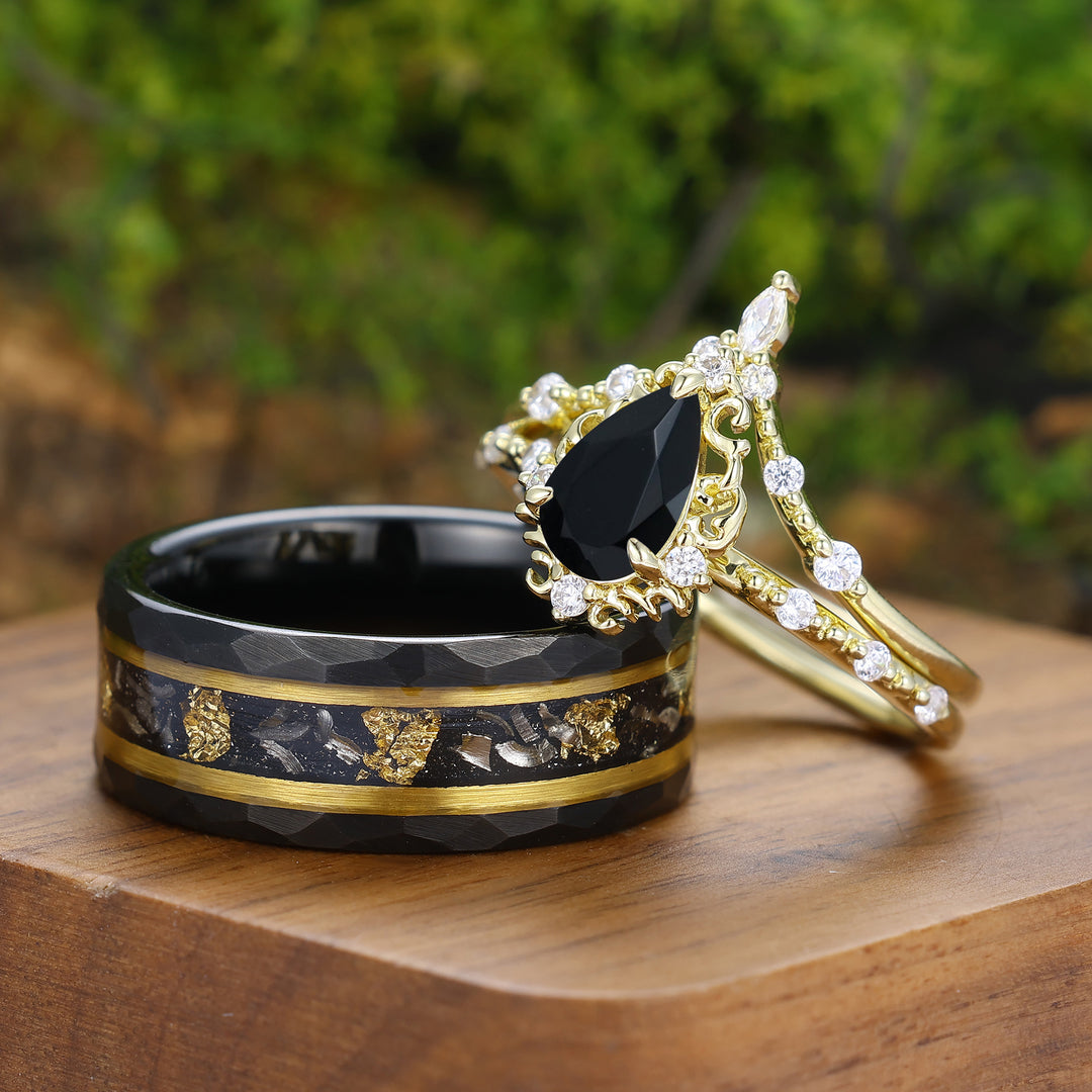Handmade Pear Shape Black Onyx Filigreed Couple Rings Gold Plated His And Hers Rings