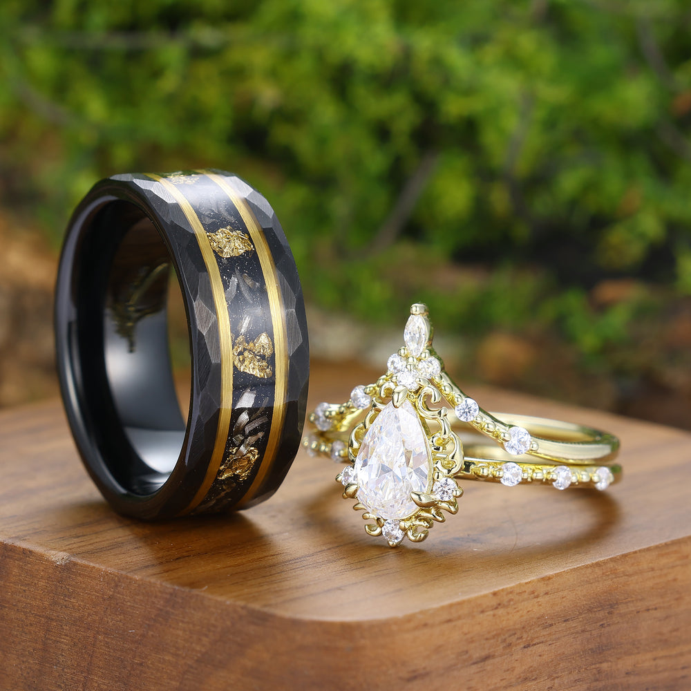 Baroque Filigreed Pear Cut Moissanite Couple Ring Set Scrolled Yellow Gold Plated His And Hers Rings