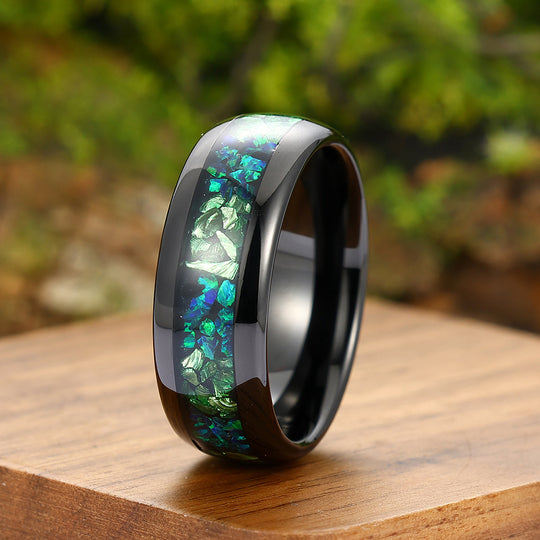 Green Emerald Peacock Green Opal Inlay Mens Tungsten Ring 8mm Black Unisex Ring Wedding Band