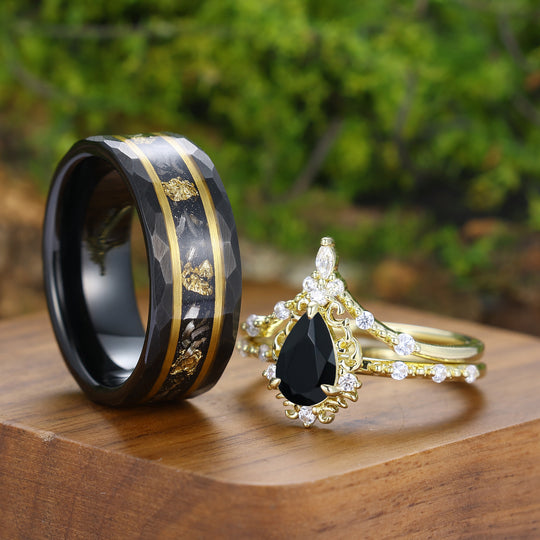 Handmade Pear Shape Black Onyx Filigreed Couple Rings Gold Plated His And Hers Rings
