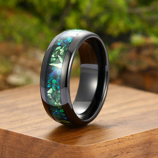 Green Emerald Peacock Green Opal Inlay Mens Tungsten Ring 8mm Black Unisex Ring Wedding Band