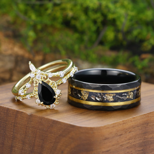 Handmade Pear Shape Black Onyx Filigreed Couple Rings Gold Plated His And Hers Rings