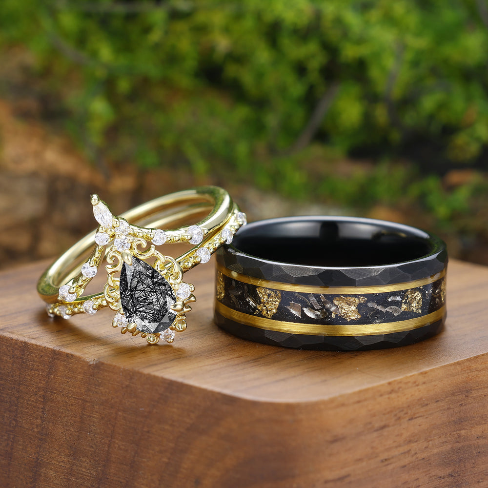 Baroque-inspired Scrollwork Pear Cut Black Rutilated Quartz Couple Rings Wedding Ring Set