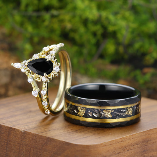 Handmade Pear Shape Black Onyx Filigreed Couple Rings Gold Plated His And Hers Rings