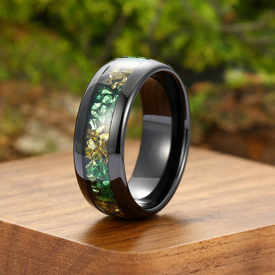 Handmade Crushed Emerald Citrine Tungsten Wedding Ring Two Tone Yellow Green Mens Band Unisex Ring