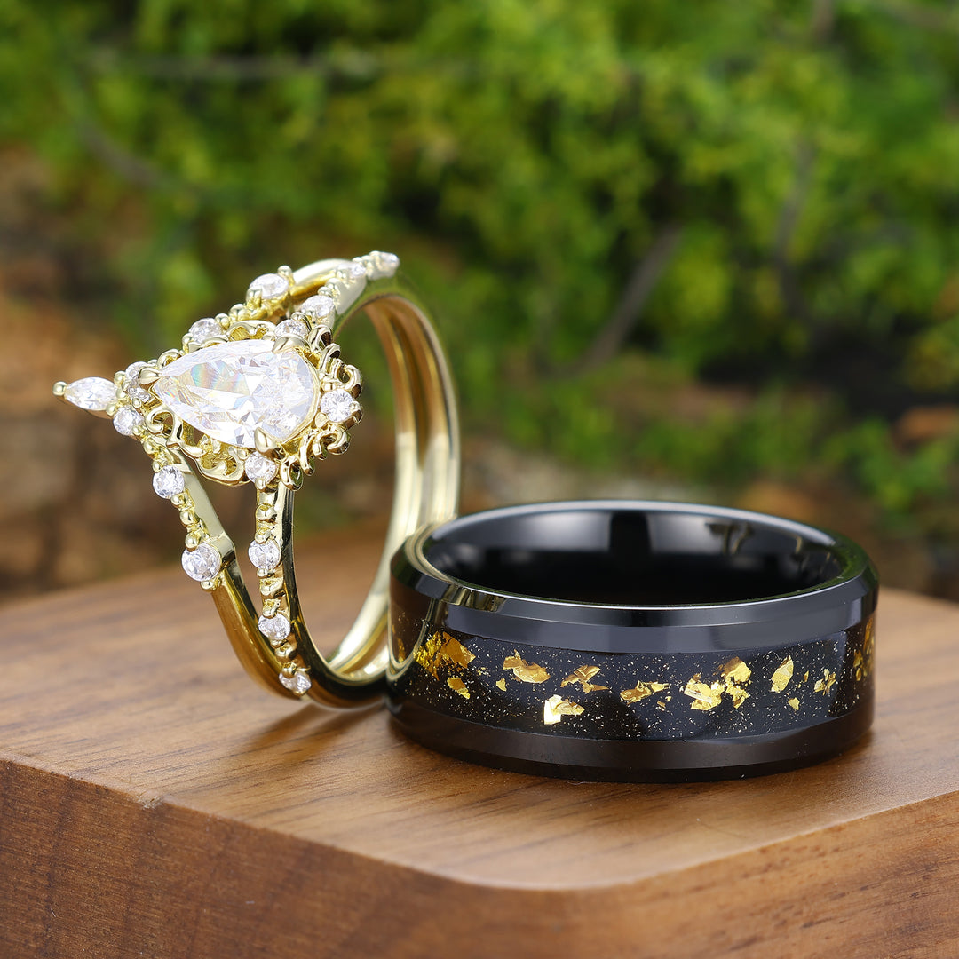 Handmade Pear Cut Moissanite Milgrained Couple Ring Set Vintage Scrolled His And Hers Rings