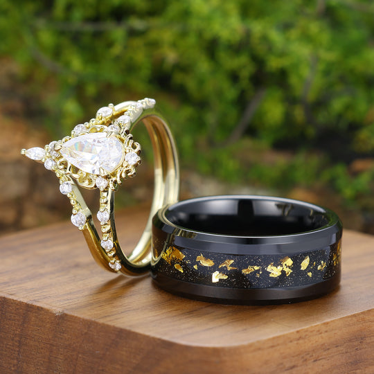 Handmade Pear Cut Moissanite Milgrained Couple Ring Set Vintage Scrolled His And Hers Rings