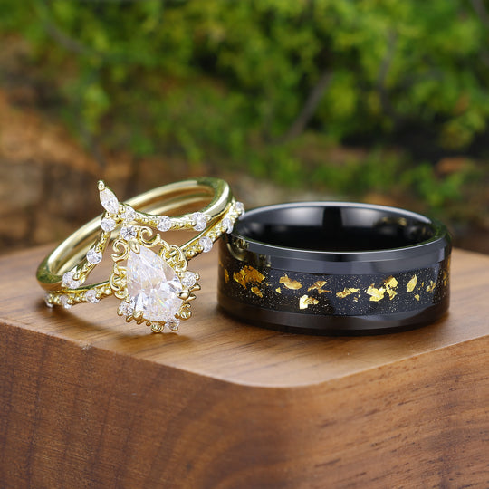 Handmade Pear Cut Moissanite Milgrained Couple Ring Set Vintage Scrolled His And Hers Rings