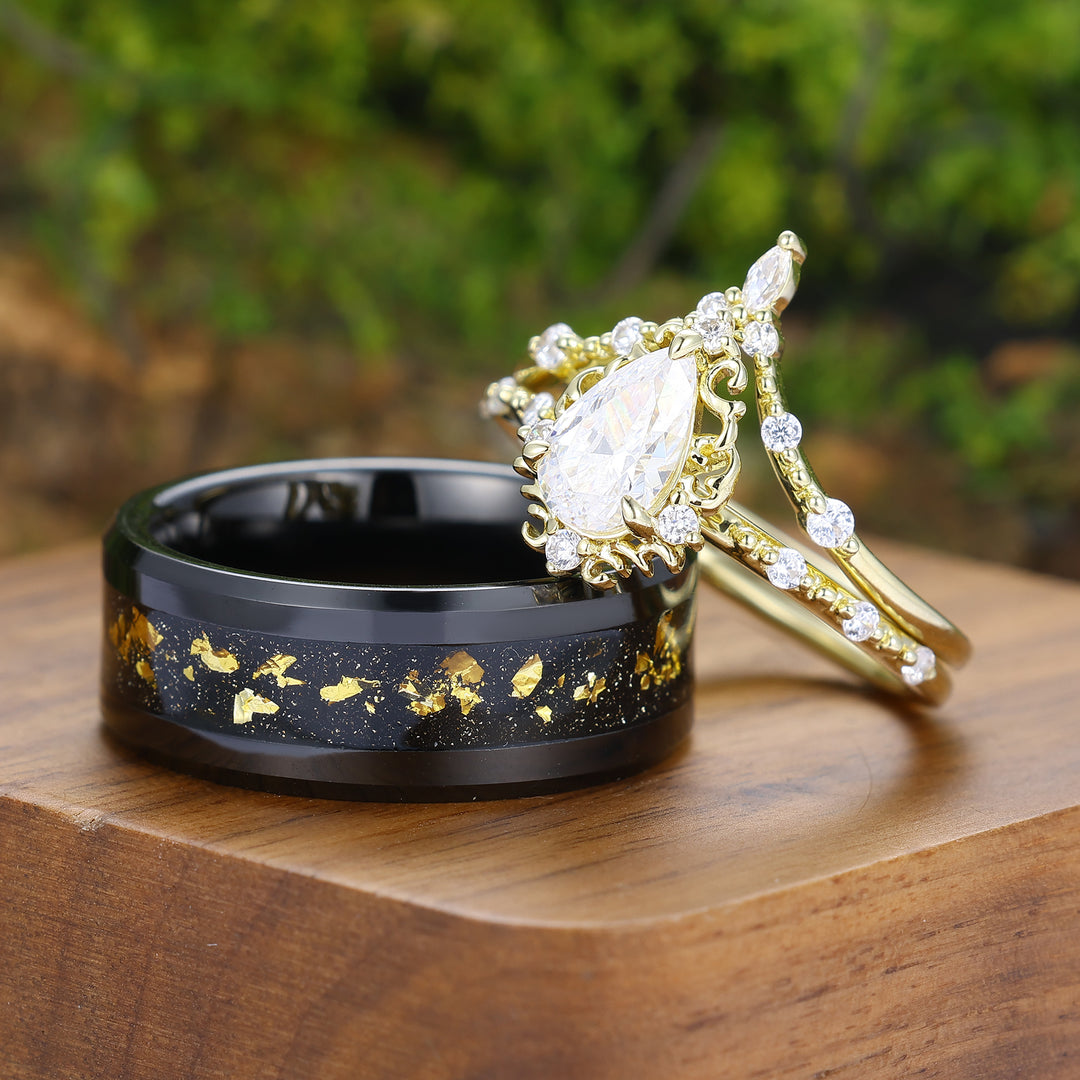 Handmade Pear Cut Moissanite Milgrained Couple Ring Set Vintage Scrolled His And Hers Rings