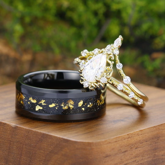 Handmade Pear Cut Moissanite Milgrained Couple Ring Set Vintage Scrolled His And Hers Rings