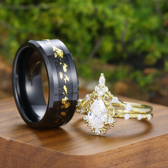 Handmade Pear Cut Moissanite Milgrained Couple Ring Set Vintage Scrolled His And Hers Rings