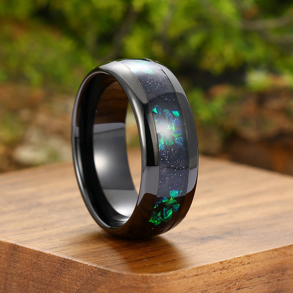 Starry Blue Sandstone Peacock Green Opal Tungsten Wedding Band Anniversary Ring For Men And Women