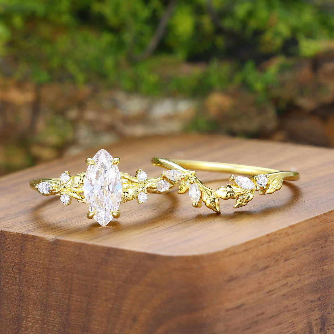 Vintage Marquise Cut Leafy Moissanite Matching Ring Set Unique Nature Inspired Couple Rings