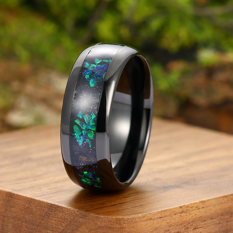 Starry Blue Sandstone Peacock Green Opal Tungsten Wedding Band Anniversary Ring For Men And Women