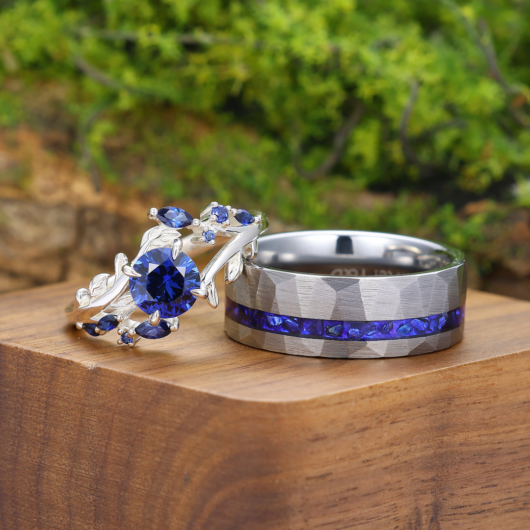 Exquisite Leaves Design Sapphire Accents Engagement Couple Rings