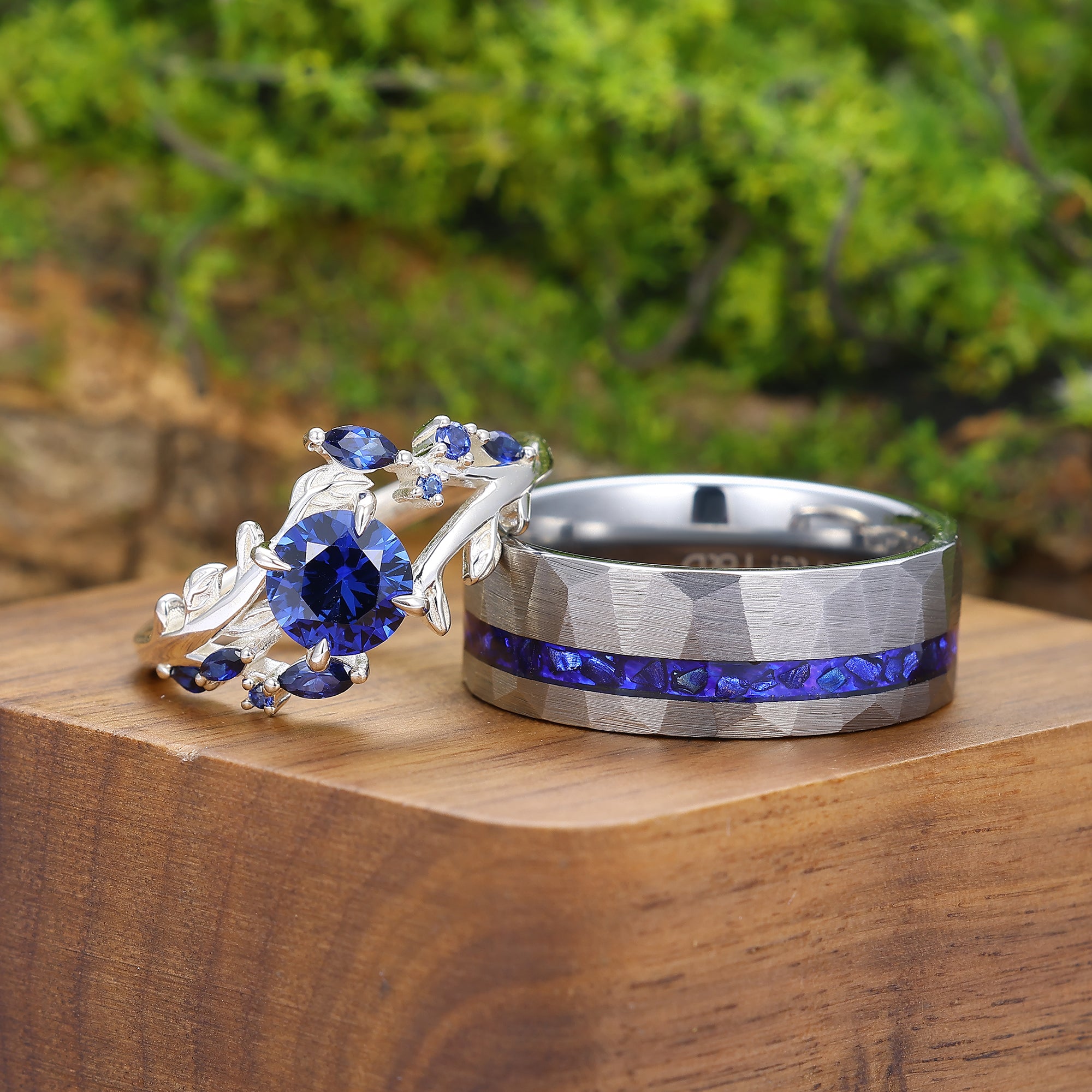 Exquisite Leaves Design Sapphire Accents Engagement Couple Rings Matching Blue Anniversary Wedding Band.