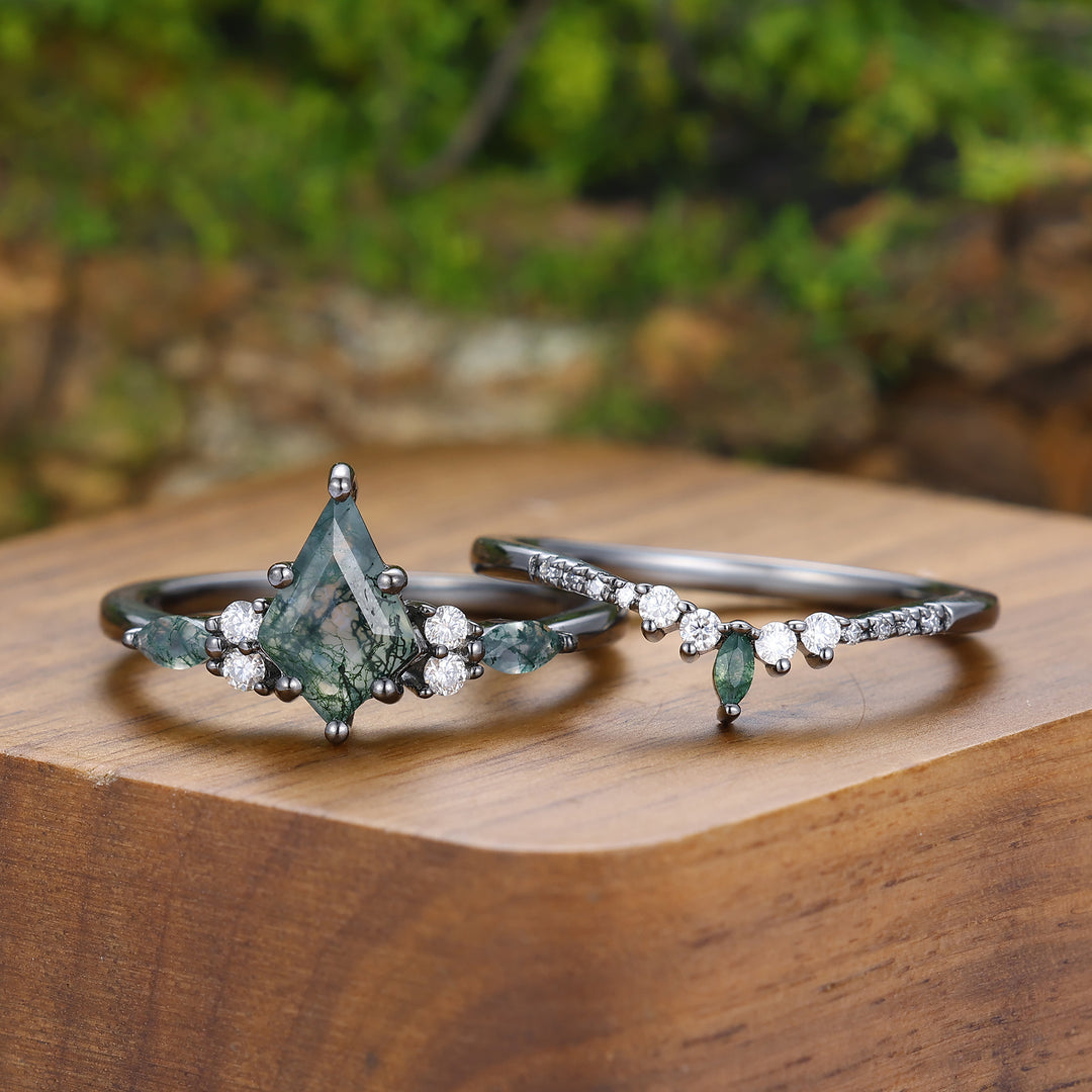 Conjunto de Anillos de Pareja Noble Kite Corte Natural Ágata de Musgo Verde Anillos Verde y Negro para Él y Ella