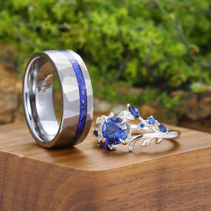 Exquisite Leaves Design Sapphire Accents Engagement Couple Rings Matching Blue Anniversary Wedding Band.