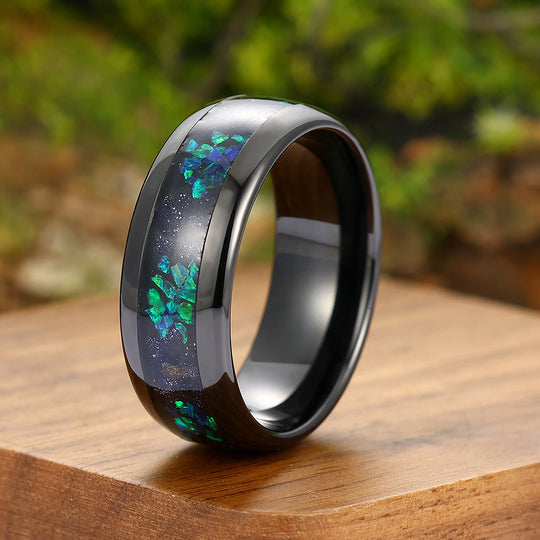 Starry Blue Sandstone Peacock Green Opal Tungsten Wedding Band Anniversary Ring For Men And Women